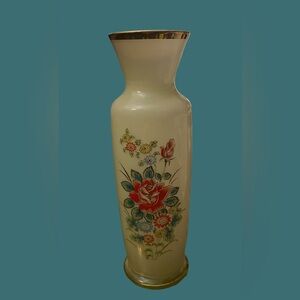 Bristol Glass Vase - Celadon Green with Gold Trim Red Roses Blue Flowers 8” VTG